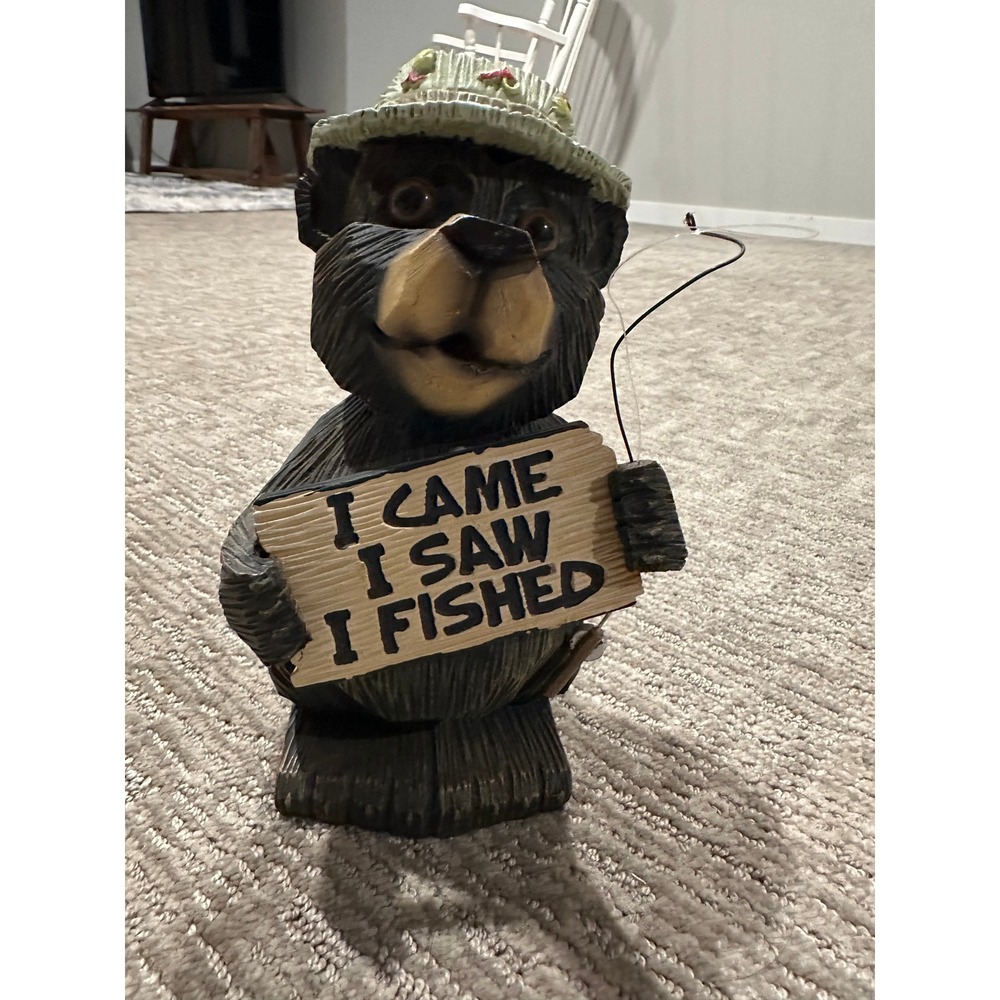 Rustic Fishing Black Bear Figurine Resin Wood Look Cabin Lodge Decor Bucket Hat